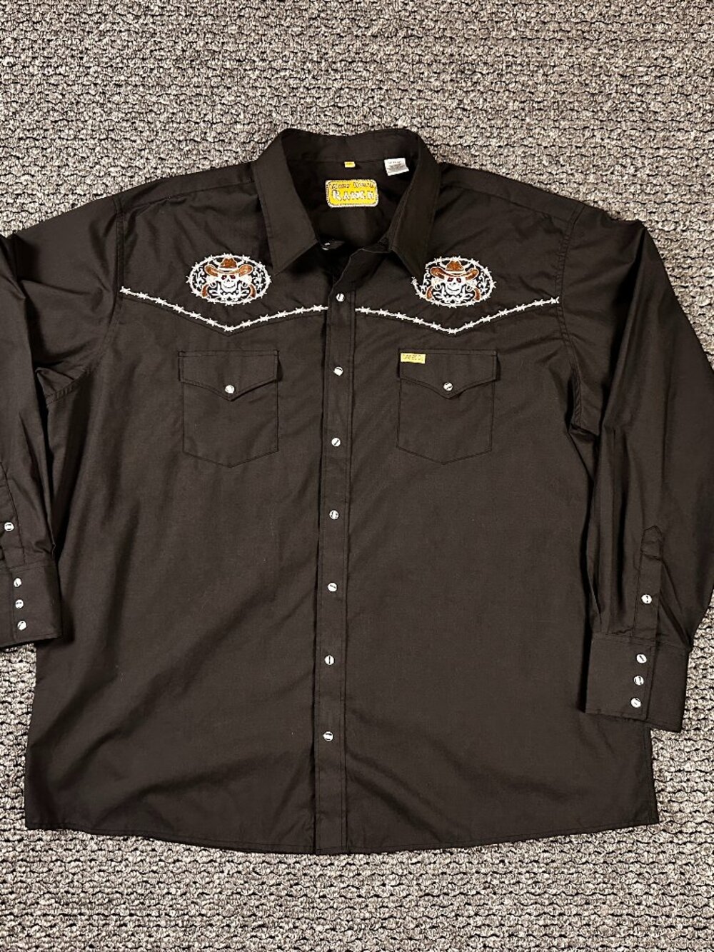 White Horse Ranch Black Western Pearl Snap Long Sleeve Button Up Mens 2XL Skull